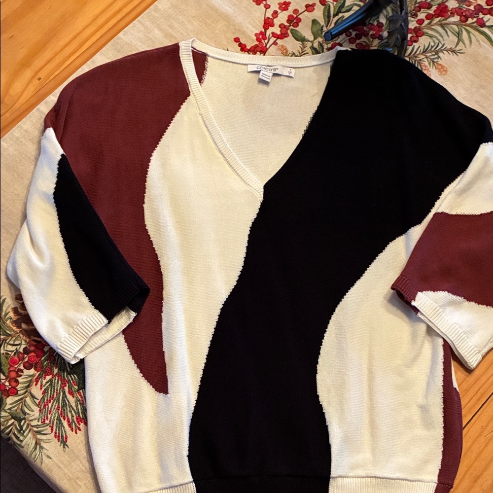 Chico's V-Neck Sweater in Cream, Black, and Rust, size 1 or 8.